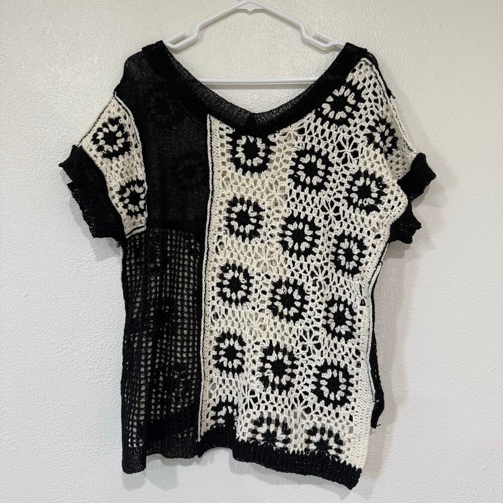 POL Black White Patchwork Crochet Macrame Knit V … - image 3